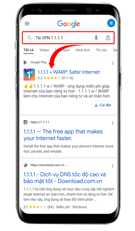 Tìm App 1.1.1.1 trên google
